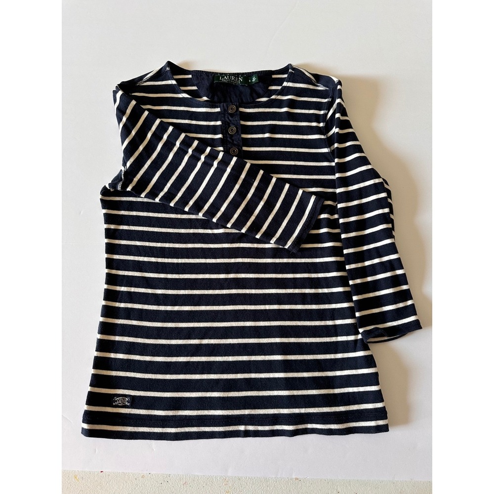 Lauren Ralph Lauren Striped 3/4 Sleeve Button Detail Top - Size‎ S